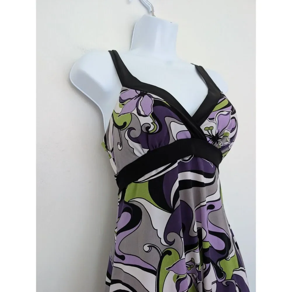 Y2K Abstract Floral Swirl Babydoll Sleeveless Jersey Stretch Dress Sz S